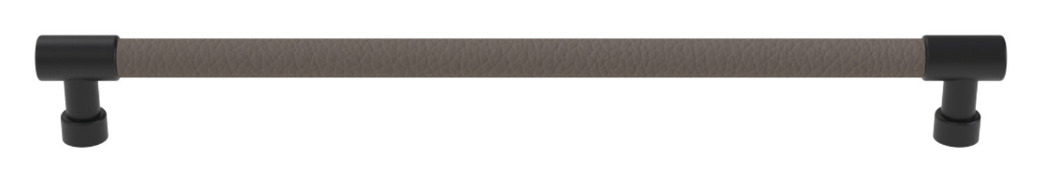 Häfele Elite Leather cabinet pull in Matte Black and Pewter faux leather, 279 mm overall length with 256 mm centre-to-centre.