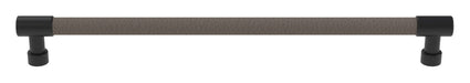 Häfele Elite Leather cabinet pull in Matte Black and Pewter faux leather, 279 mm overall length with 256 mm centre-to-centre.