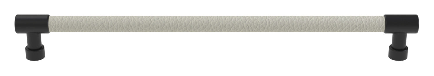 Häfele Elite Leather cabinet pull in Matte Black and Winter faux leather, 279 mm overall length with 256 mm centre-to-centre.