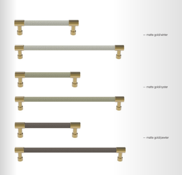 A catalog spread page for the Elite Leather Collection, showing multiple brass and white leather handles on a black background on the left, and product photos, dimensions, and a spec table on a white background on the right.