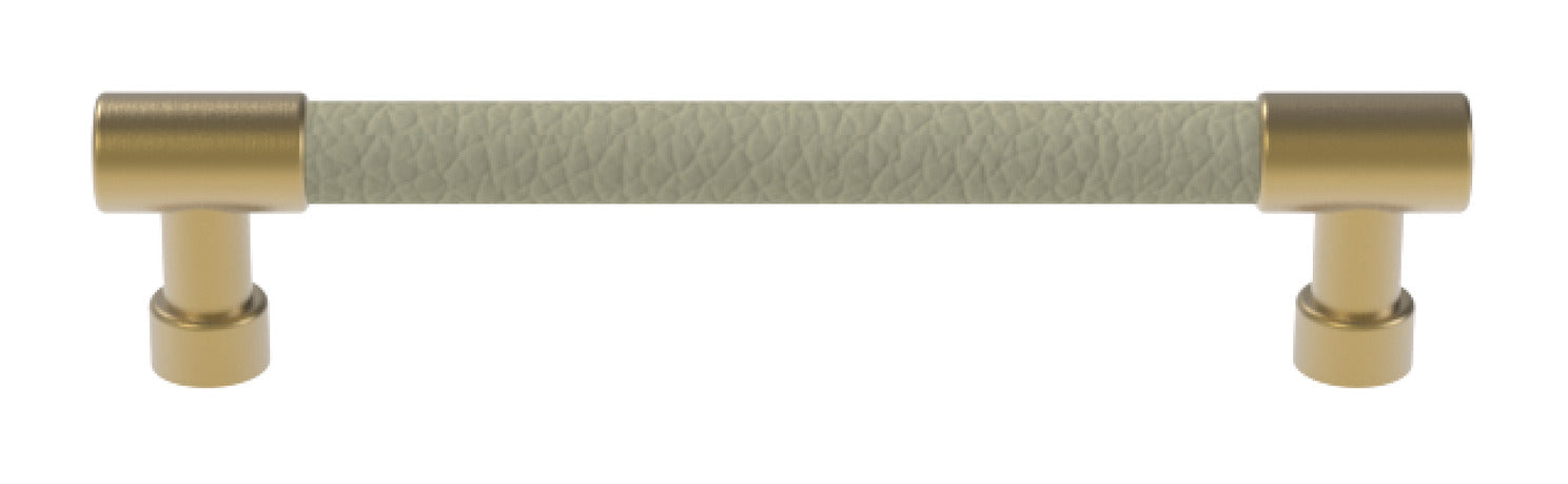 Häfele Elite Leather cabinet handle in matte gold with Oyster faux leather, 152 mm overall length and 128 mm centre-to-centre.