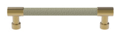 Häfele Elite Leather cabinet handle in matte gold with Oyster faux leather, 152 mm overall length and 128 mm centre-to-centre.