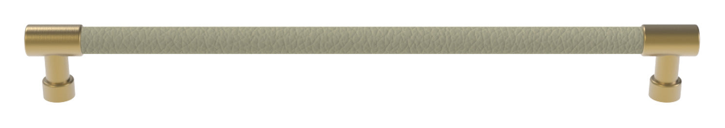 Häfele Elite Leather cabinet handle in matte gold with Oyster faux leather, 279 mm overall length and 256 mm centre-to-centre.