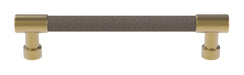Häfele Elite Leather cabinet handle in matte gold with Pewter faux leather, 152 mm overall length and 128 mm centre-to-centre.