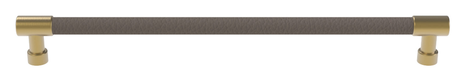 Häfele Elite Leather cabinet handle in matte gold with Pewter faux leather, 279 mm overall length and 256 mm centre-to-centre.