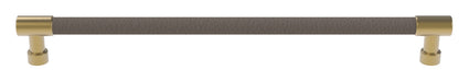 Häfele Elite Leather cabinet handle in matte gold with Pewter faux leather, 279 mm overall length and 256 mm centre-to-centre.