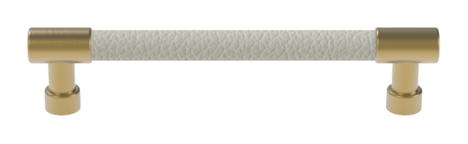 Häfele Elite Leather cabinet handle in matte gold with Winter faux leather, 152 mm overall length and 128 mm centre-to-centre.