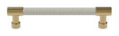 Häfele Elite Leather cabinet handle in matte gold with Winter faux leather, 152 mm overall length and 128 mm centre-to-centre.