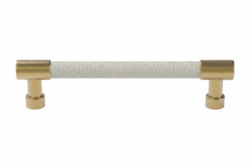 Häfele Elite Leather cabinet handle in matte gold with Winter faux leather, 152 mm overall length and 128 mm centre-to-centre.
