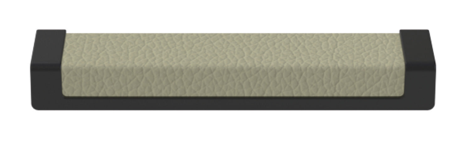 Häfele Elite Leather recessed cabinet handle in matte black with Oyster faux leather insert, 137 mm overall length and 128 mm centre-to-centre.