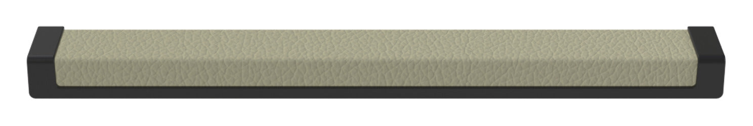 Häfele Elite Leather recessed cabinet handle in matte black with Oyster faux leather insert, 265 mm overall length and 256 mm centre-to-centre.