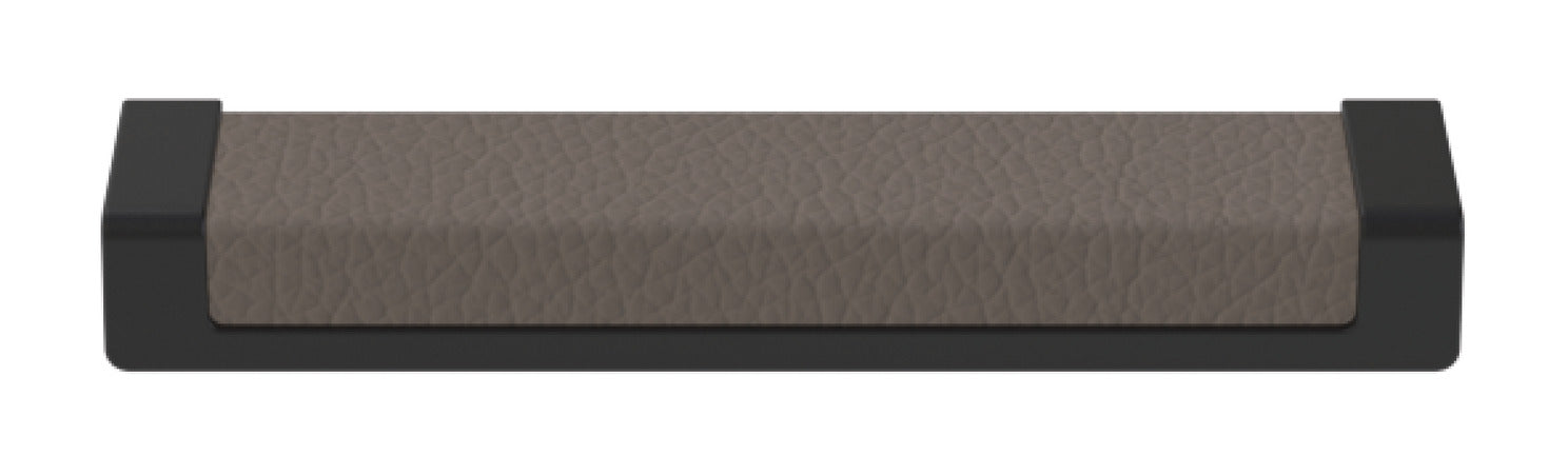 Häfele Elite Leather recessed cabinet handle in matte black with Pewter faux leather insert, 137 mm overall length and 128 mm centre-to-centre.