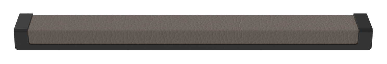 Häfele Elite Leather recessed cabinet handle in matte black with Pewter faux leather insert, 265 mm overall length and 256 mm centre-to-centre.