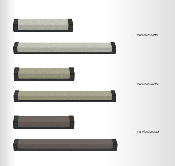 Comparison chart of Häfele Elite Leather recessed cabinet handles in matte black with Winter, Oyster, and Pewter faux leather finishes available in 128 mm and 256 mm centre-to-centre sizes.