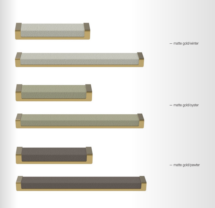 Size and finish chart showing the Häfele Elite Leather recessed cabinet handle in matte gold with Winter, Oyster, and Pewter faux leather inserts, available in 128 mm and 256 mm centre-to-centre sizes.