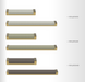 Size and finish chart showing the Häfele Elite Leather recessed cabinet handle in matte gold with Winter, Oyster, and Pewter faux leather inserts, available in 128 mm and 256 mm centre-to-centre sizes.