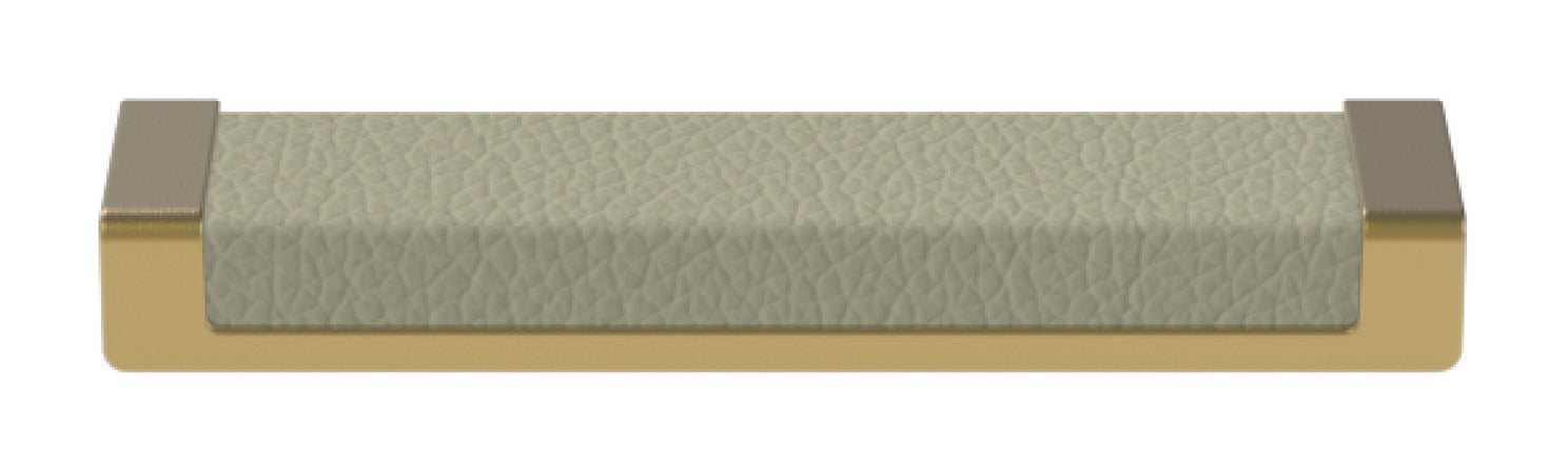 Häfele Elite Leather recessed cabinet handle in matte gold with Oyster faux leather insert, 137 mm overall length and 128 mm centre-to-centre.