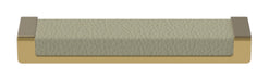 Häfele Elite Leather recessed cabinet handle in matte gold with Oyster faux leather insert, 137 mm overall length and 128 mm centre-to-centre.