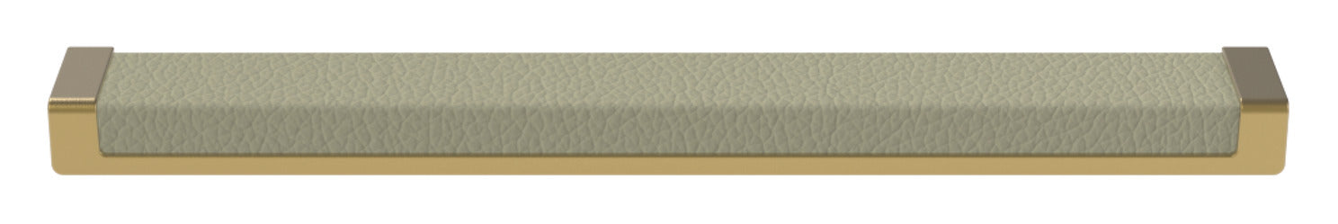Häfele Elite Leather recessed cabinet handle in matte gold with Oyster faux leather insert, 265 mm overall length and 256 mm centre-to-centre.