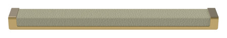 Häfele Elite Leather recessed cabinet handle in matte gold with Oyster faux leather insert, 265 mm overall length and 256 mm centre-to-centre.