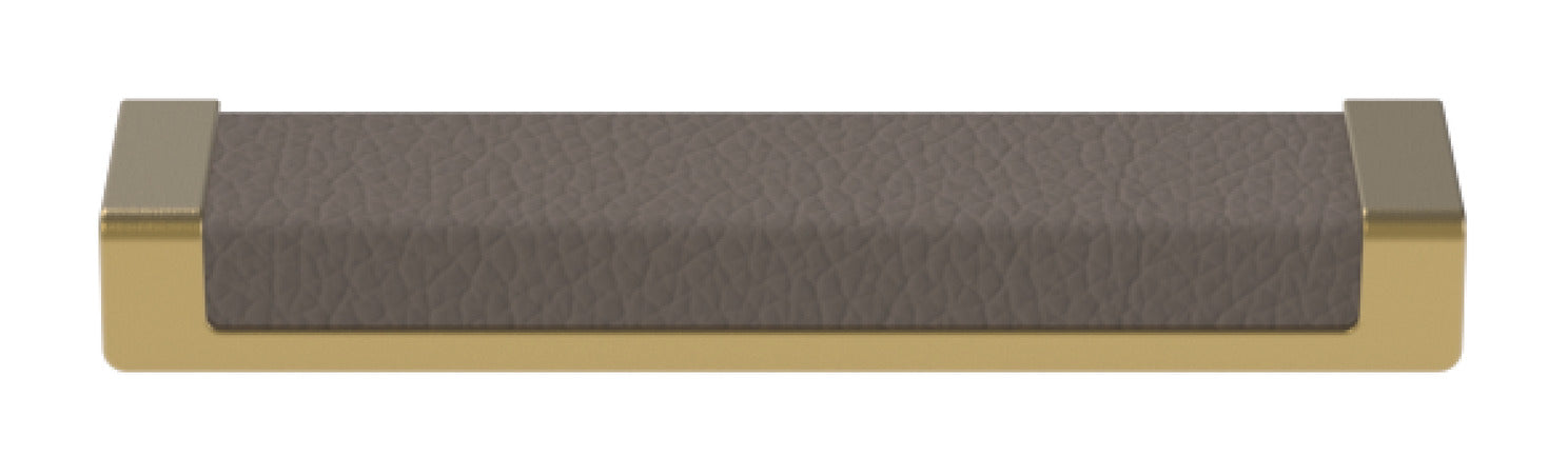 Häfele Elite Leather recessed cabinet handle in matte gold with Pewter faux leather insert, 137 mm overall length and 128 mm centre-to-centre.