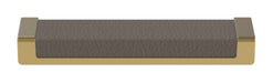 Häfele Elite Leather recessed cabinet handle in matte gold with Pewter faux leather insert, 137 mm overall length and 128 mm centre-to-centre.