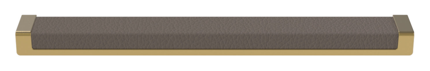 Häfele Elite Leather recessed cabinet handle in matte gold with Pewter faux leather insert, 265 mm overall length and 256 mm centre-to-centre.