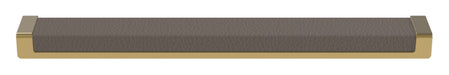 Häfele Elite Leather recessed cabinet handle in matte gold with Pewter faux leather insert, 265 mm overall length and 256 mm centre-to-centre.