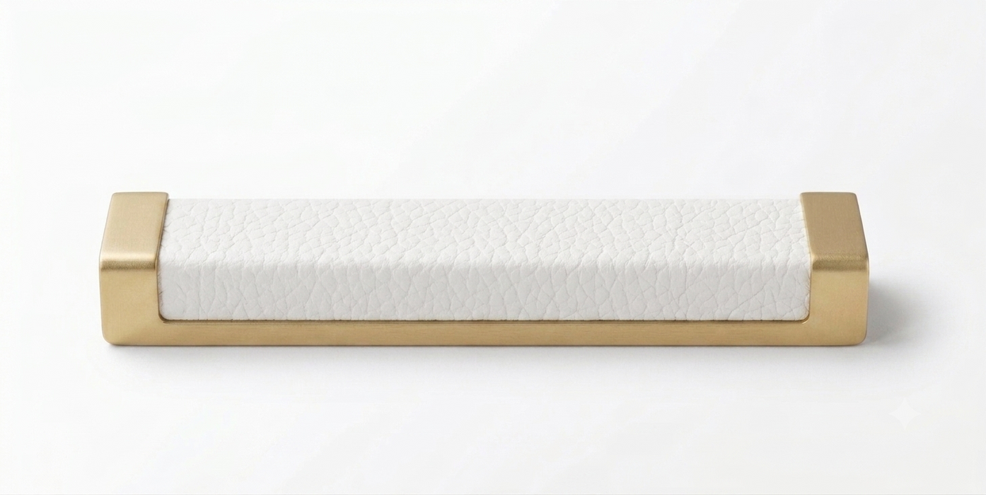 Häfele Elite Leather recessed cabinet handle in matte gold with Winter faux leather insert, 137 mm overall length and 128 mm centre-to-centre.