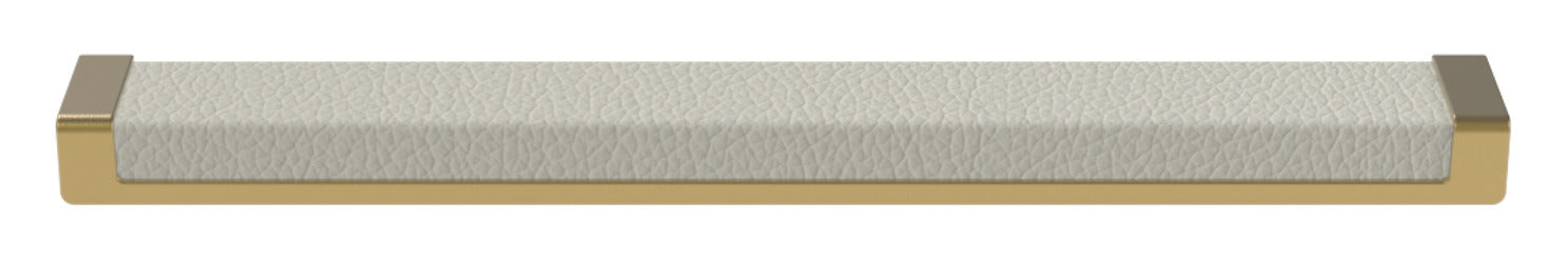 Häfele Elite Leather recessed cabinet handle in matte gold with Winter faux leather insert, 265 mm overall length and 256 mm centre-to-centre.