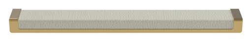 Häfele Elite Leather recessed cabinet handle in matte gold with Winter faux leather insert, 265 mm overall length and 256 mm centre-to-centre.