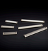 Häfele Elite Leather recessed cabinet handle collection in matte nickel featuring Winter, Oyster, and Pewter faux leather inserts.