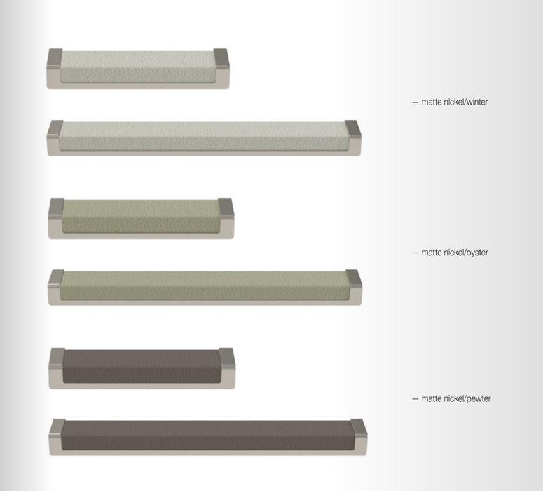 Size and finish chart showing the Häfele Elite Leather recessed cabinet handle in matte nickel with Winter, Oyster, and Pewter faux leather inserts, available in 128 mm and 256 mm centre-to-centre sizes.