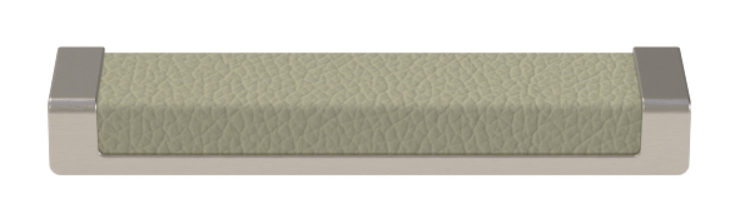 Häfele Elite Leather recessed cabinet handle in matte nickel with Oyster faux leather insert, 137 mm overall length and 128 mm centre-to-centre.