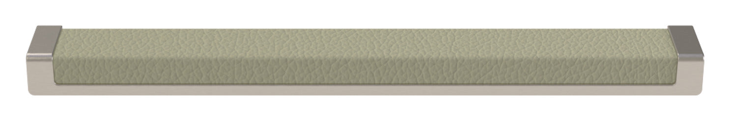 Häfele Elite Leather recessed cabinet handle in matte nickel with Oyster faux leather insert, 265 mm overall length and 256 mm centre-to-centre.