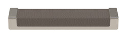 Häfele Elite Leather recessed cabinet handle in matte nickel with Pewter faux leather insert, 137 mm overall length and 128 mm centre-to-centre.