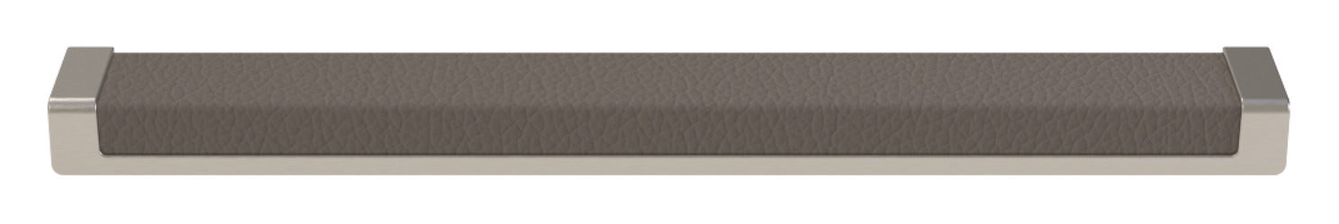Häfele Elite Leather recessed cabinet handle in matte nickel with Pewter faux leather insert, 265 mm overall length and 256 mm centre-to-centre.