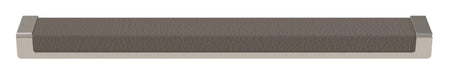 Häfele Elite Leather recessed cabinet handle in matte nickel with Pewter faux leather insert, 265 mm overall length and 256 mm centre-to-centre.
