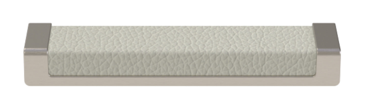Häfele Elite Leather recessed cabinet handle in matte nickel with Winter faux leather insert, 137 mm overall length and 128 mm centre-to-centre.