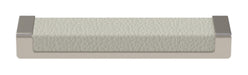 Häfele Elite Leather recessed cabinet handle in matte nickel with Winter faux leather insert, 137 mm overall length and 128 mm centre-to-centre.