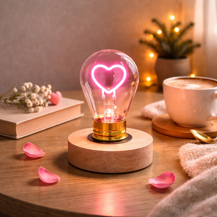 Heart-shaped neon LED light bulb on a wooden base, styled on a cozy table with coffee and warm ambient lighting