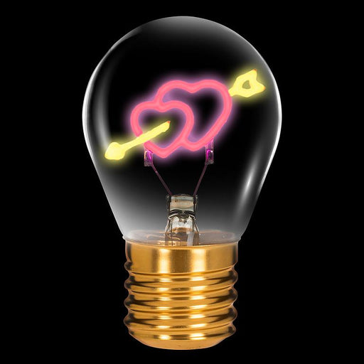 Hearts and arrow neon LED light bulb glowing pink and yellow on black background