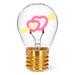 Hearts and arrow neon LED light bulb with pink and yellow glowing filament on white background