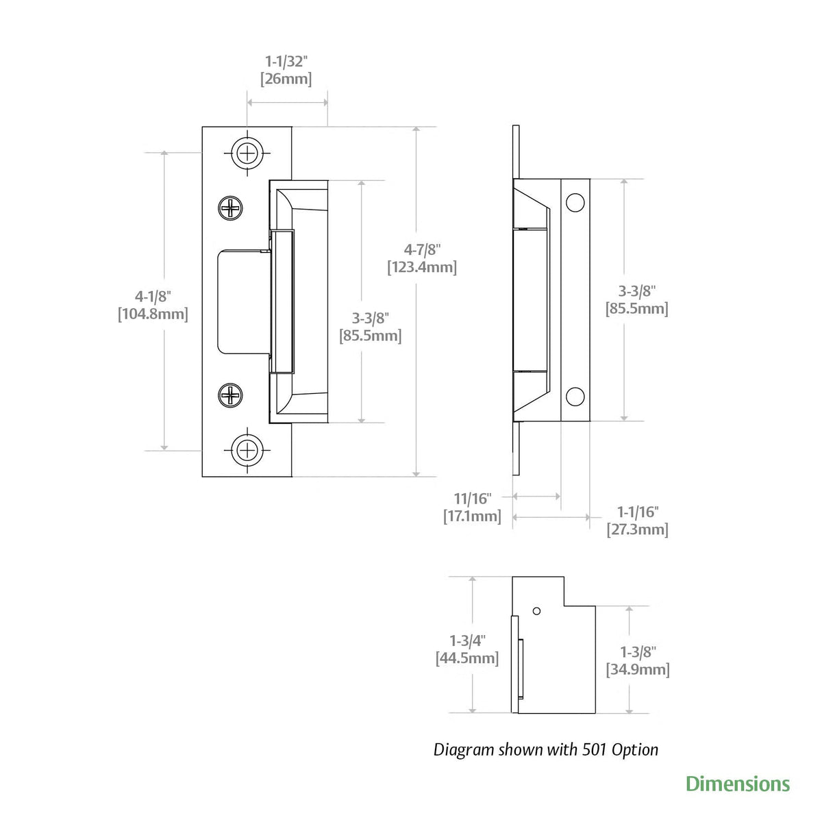 Technical dimensions and installation drawing for HES 5000 Series electric strike