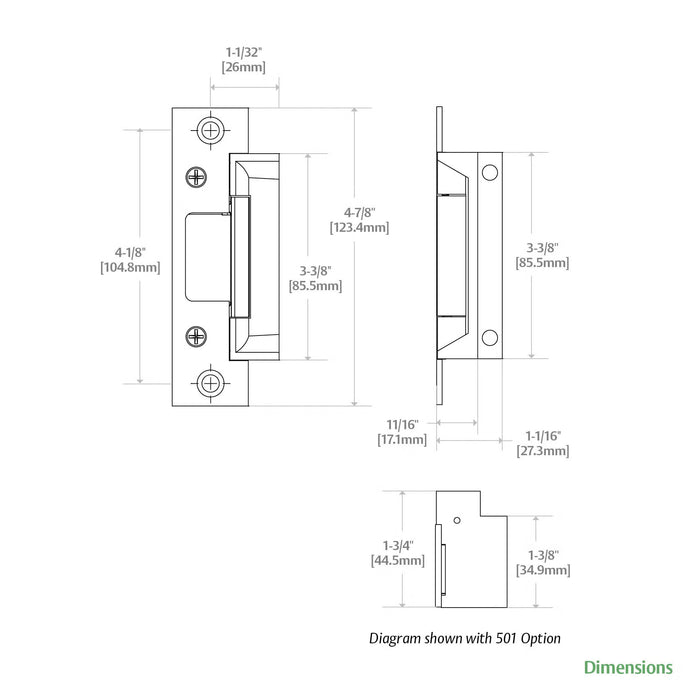 Technical dimensions and installation drawing for HES 5000 Series electric strike