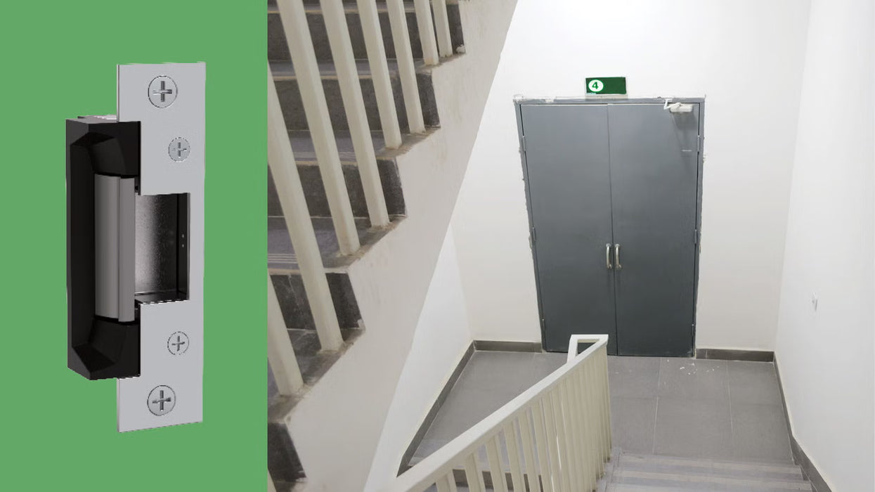 HES 5200 Series electric strike installed on commercial stairwell door