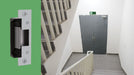HES 5200 Series electric strike installed on commercial stairwell door