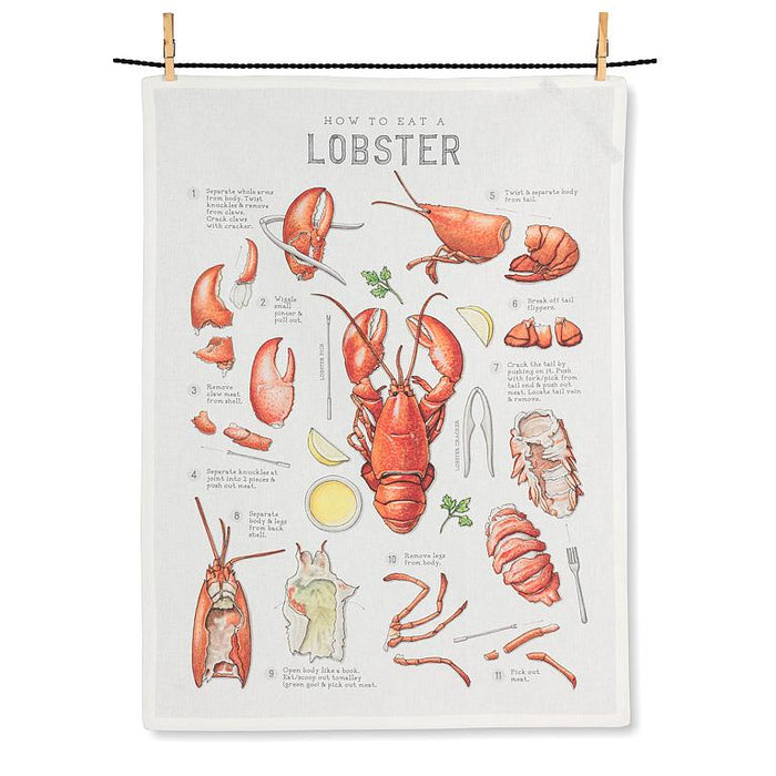 Lobster illustrated cotton kitchen towel showing step by step seafood preparation guide