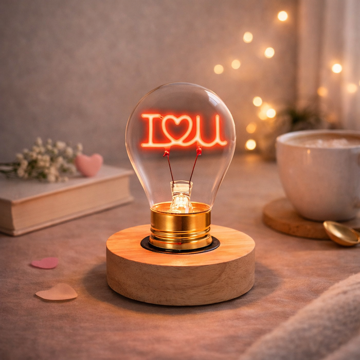 I love you neon LED light bulb on wooden base glowing in cozy bedroom setting