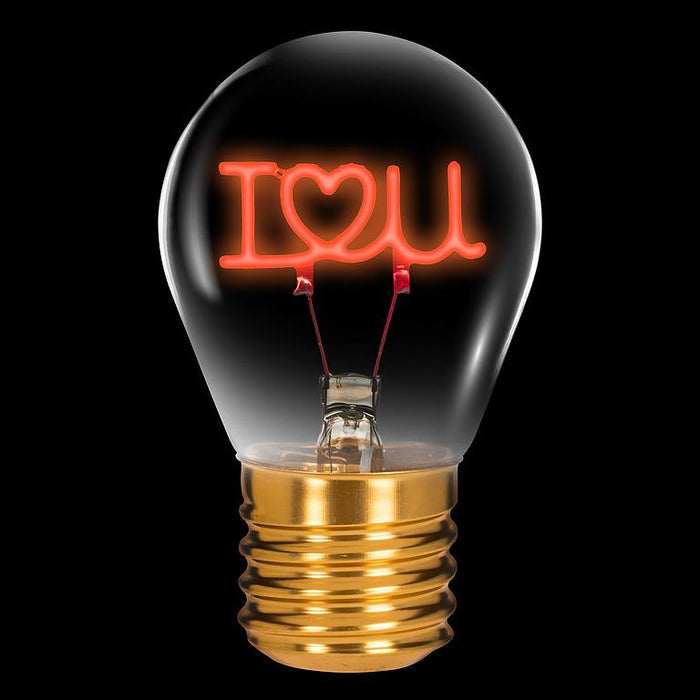 I love you neon LED light bulb glowing red on black background
